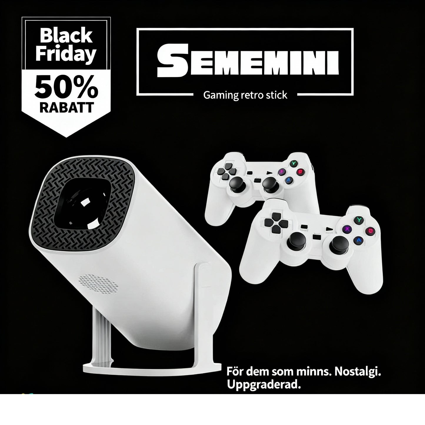 Sememini GamePro Projektor – 30 000+ retrospel & handkontroller